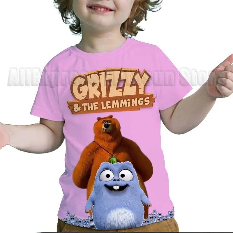 Kinder Grizzy und die Lemminge 3D-Druck T-Shirts Kinder Cartoon T-Shirts Kleinkind Jungen Mädchen Anime T-Shirts Streetwear T-Shirts 130 pink