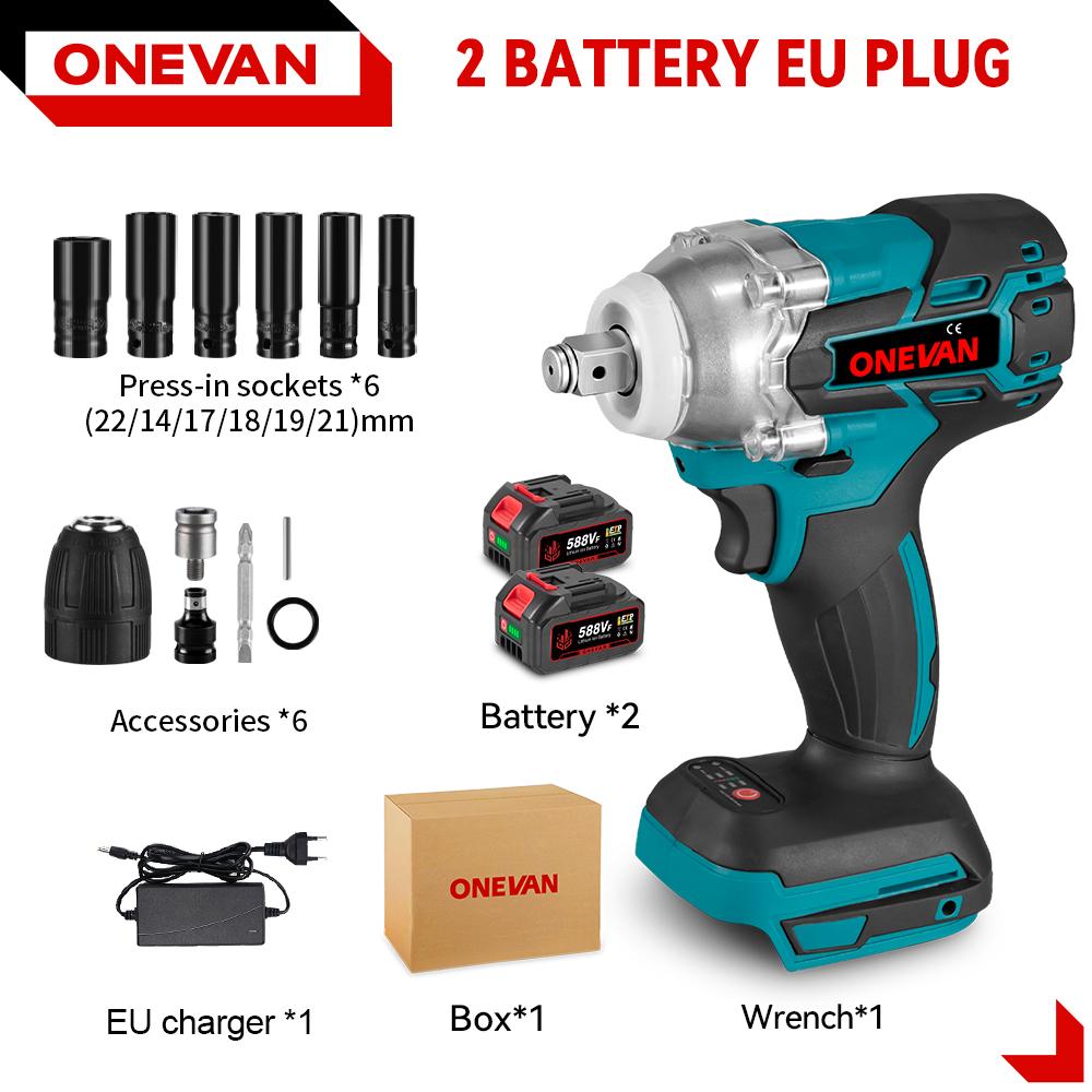 ONEVAN 520N.M Bürstenloser elektrischer Schlagschrauber 1/2 Zoll Akku-Sechskant-Steckschlüsselsatz Schraubendreher-Elektrowerkzeug für Makita 18V-Batterie 2 Battery-12pcs Set