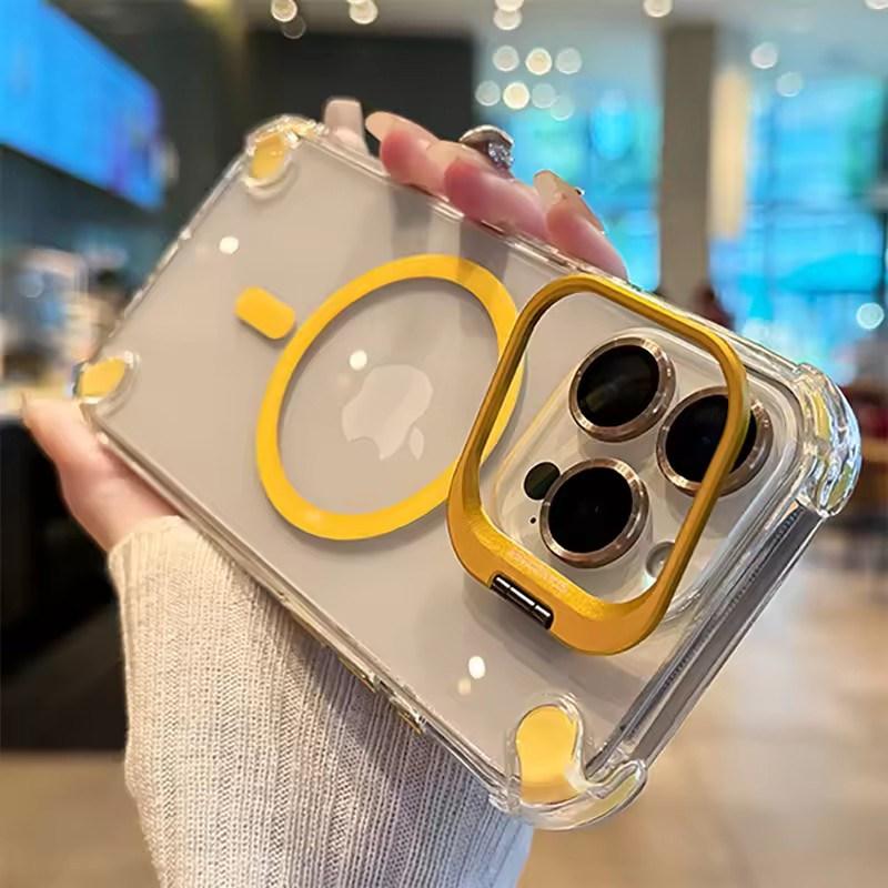 Luxuriöse magnetische stoßfeste Handyhüllen für iPhone17 16 15 14 13 12 Pro Max Plus 11 für Magsafe mit Glas-Linsenschutz Ständerabdeckung iPhone 17 Air gelb