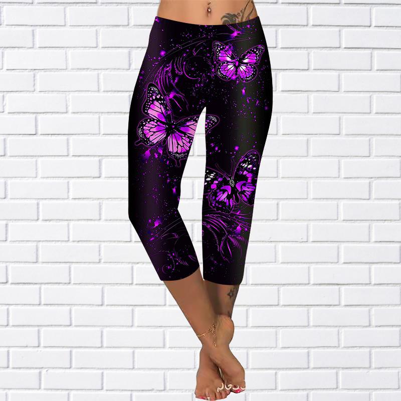 Hosen Sommer Gelbe Schmetterling Kurze Leggings Abgeschnittene Röhrenhose Plus Size Leggins Damen Drei Schmetterlinge Hosen Abgeschnittene Hosen 7XL violett