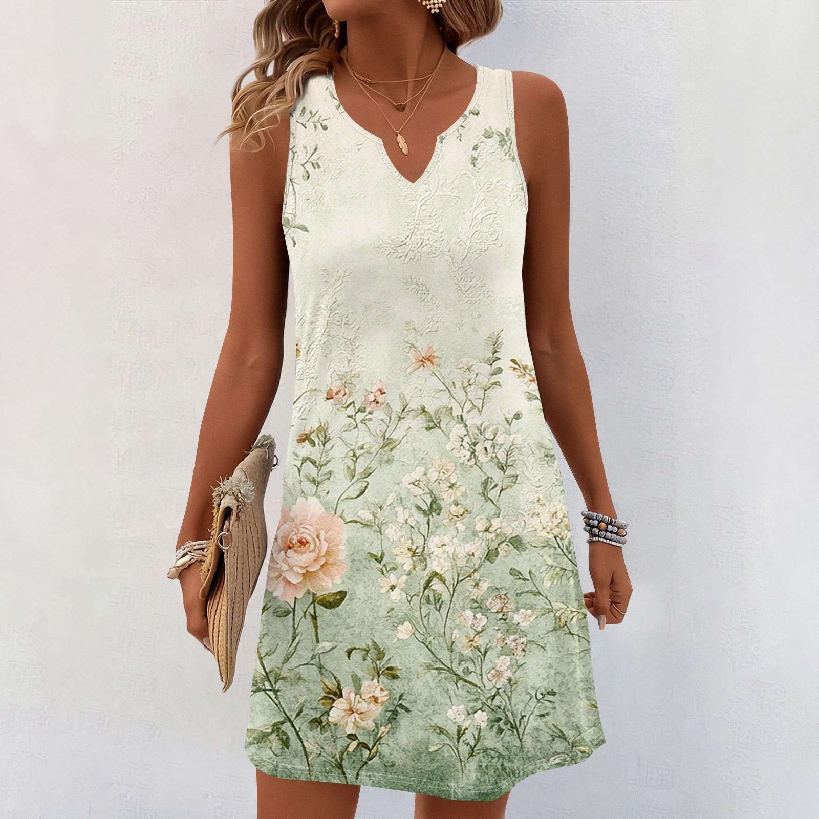 Damen Sommerkleider V-Ausschnitt Print Ärmelloses Sommerkleid Freizeitkleid S brown