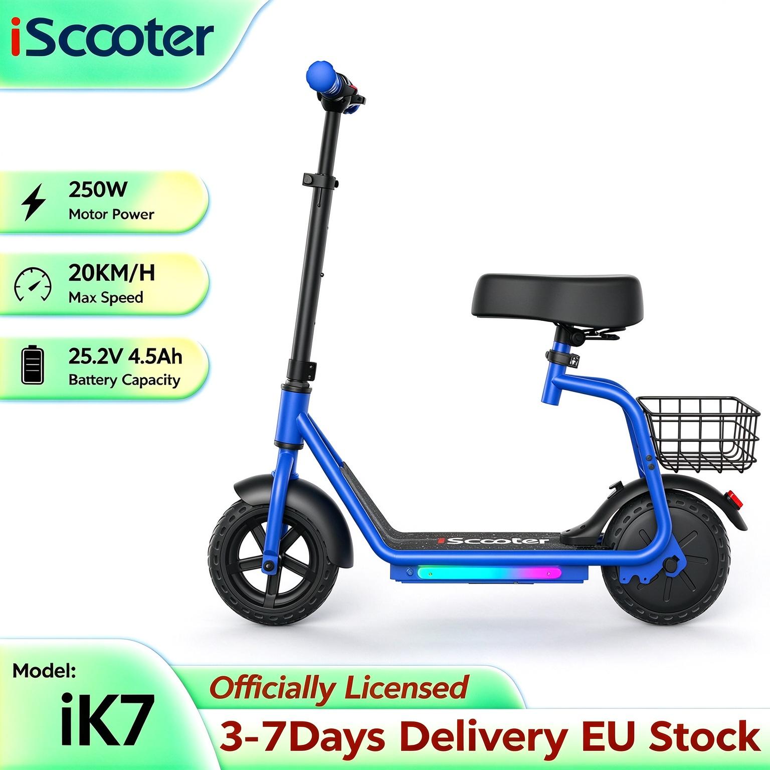 iScooter iK7 8,5 Zoll Kinder Elektroroller 20 km/h 250W 25,2V/4,5Ah Schnellverschluss-Sitz Pendeln Leichter E-Scooter ik7 20KM/H blau