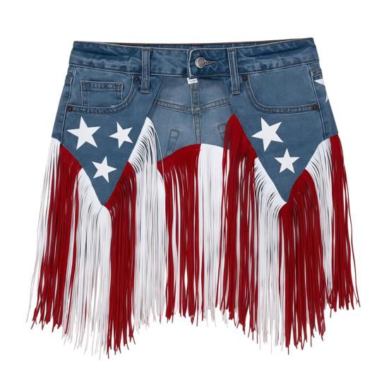 250. Patriotischer Denim-Fransen Gürtel, Stars and Stripes Fransen Gürtel, Western Stil Feier Party Gürtel für Damen M