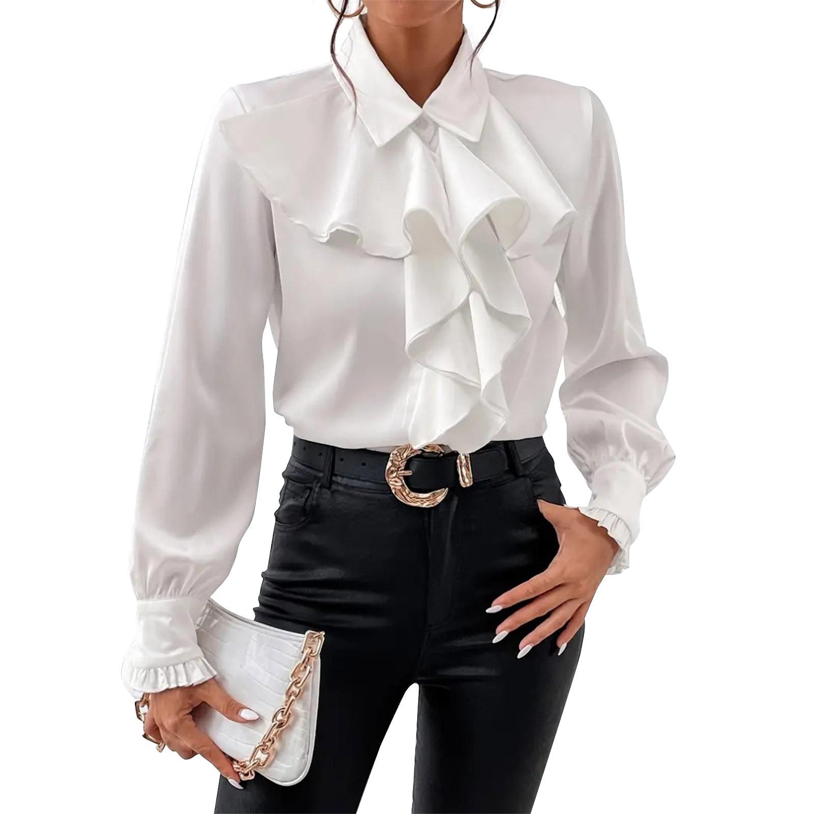 Lockeres, lässiges, einfarbiges Hemd mit Rüschenrand für Damen, langärmeliges Hemd, modisches Hemd XXL weiß