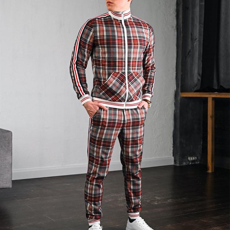 Herbst Casual Herren Europäische und amerikanische Herren Sportanzug Plaid Reißverschluss Hemd Jacke Hose Zweiteiliger Anzug XL hellbraune