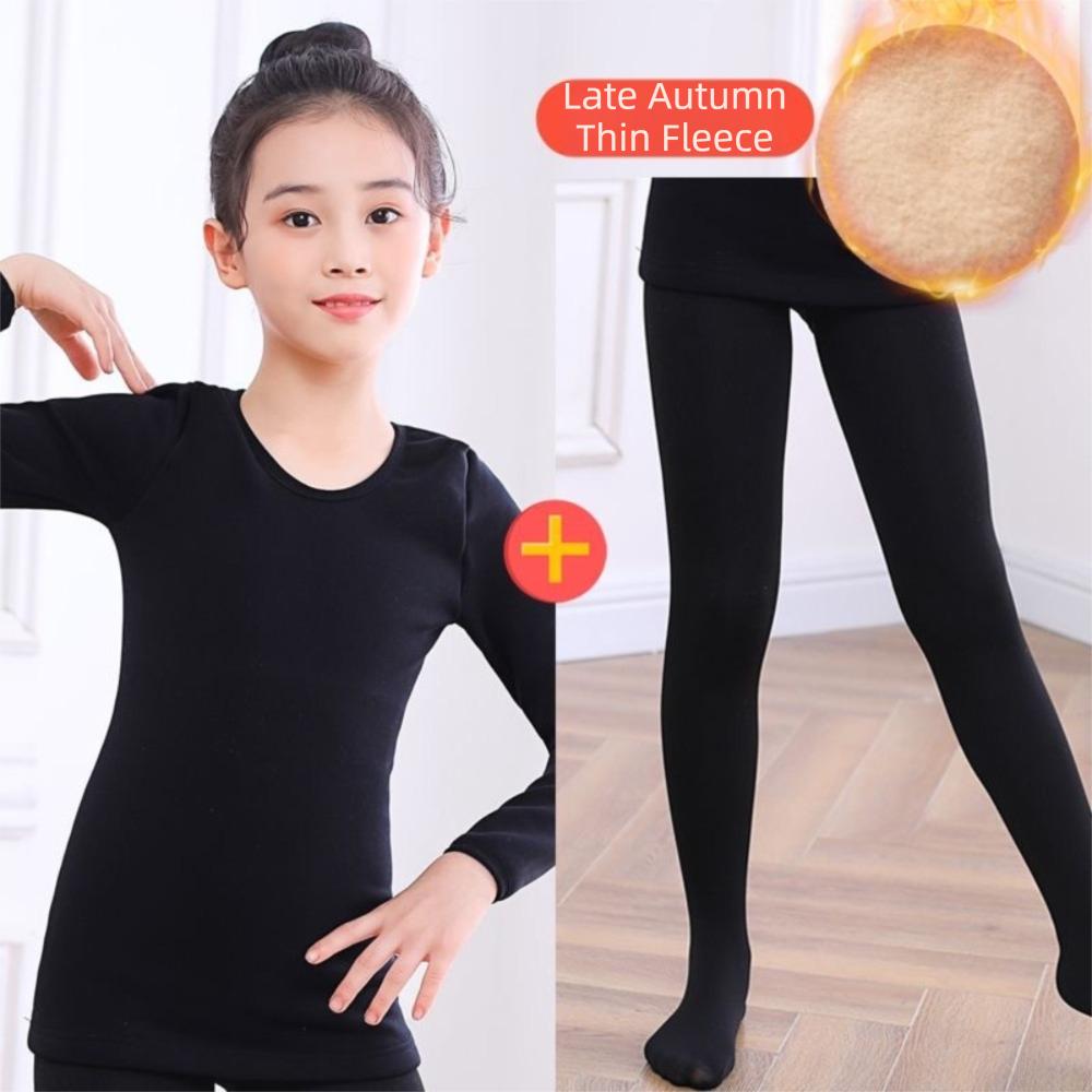 Modische Winter Kinder Thermo Unterwäsche Anzüge Stretch Fleece Ballett Unterwäsche Set Warm Nude Farbe Tanz Strumpfhosen Trikot M schwarz