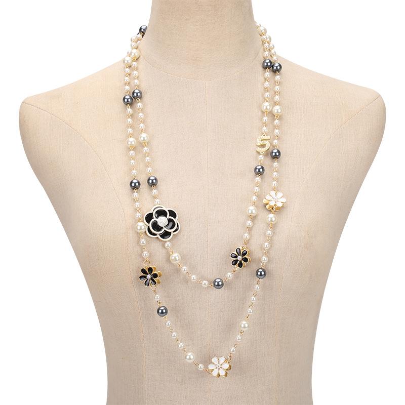 Lange Damen-Pullover-Kette, doppellagiger Anhänger, lange Halskette, Party-Schmuck, Pullover-Kette graue