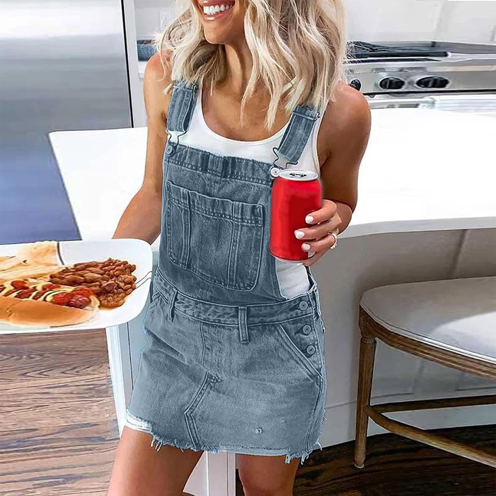 Damen-Sommer-Sexy-ärmelloser Sling-Denim-Arbeitskleidung-Hosenträgerrock S blau