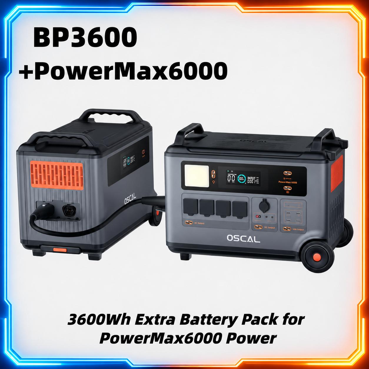 Oscal PowerMax6000 Powerstation, 3600Wh LiFePO4-Akku, 14 Steckdosen, Dual-Spannungsausgang, APP-Steuerung, Bessere Mobilität & BMS PowerMax6000+BP3600-YY