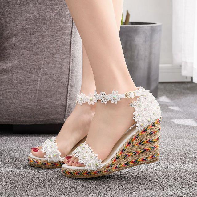 Mode Spitze Sexy Weiß Farbe High Heels Mode Keile Heels Pu Leder Hochzeit Bankett Frau Blumen Weibliche Schuhe 38 weiß