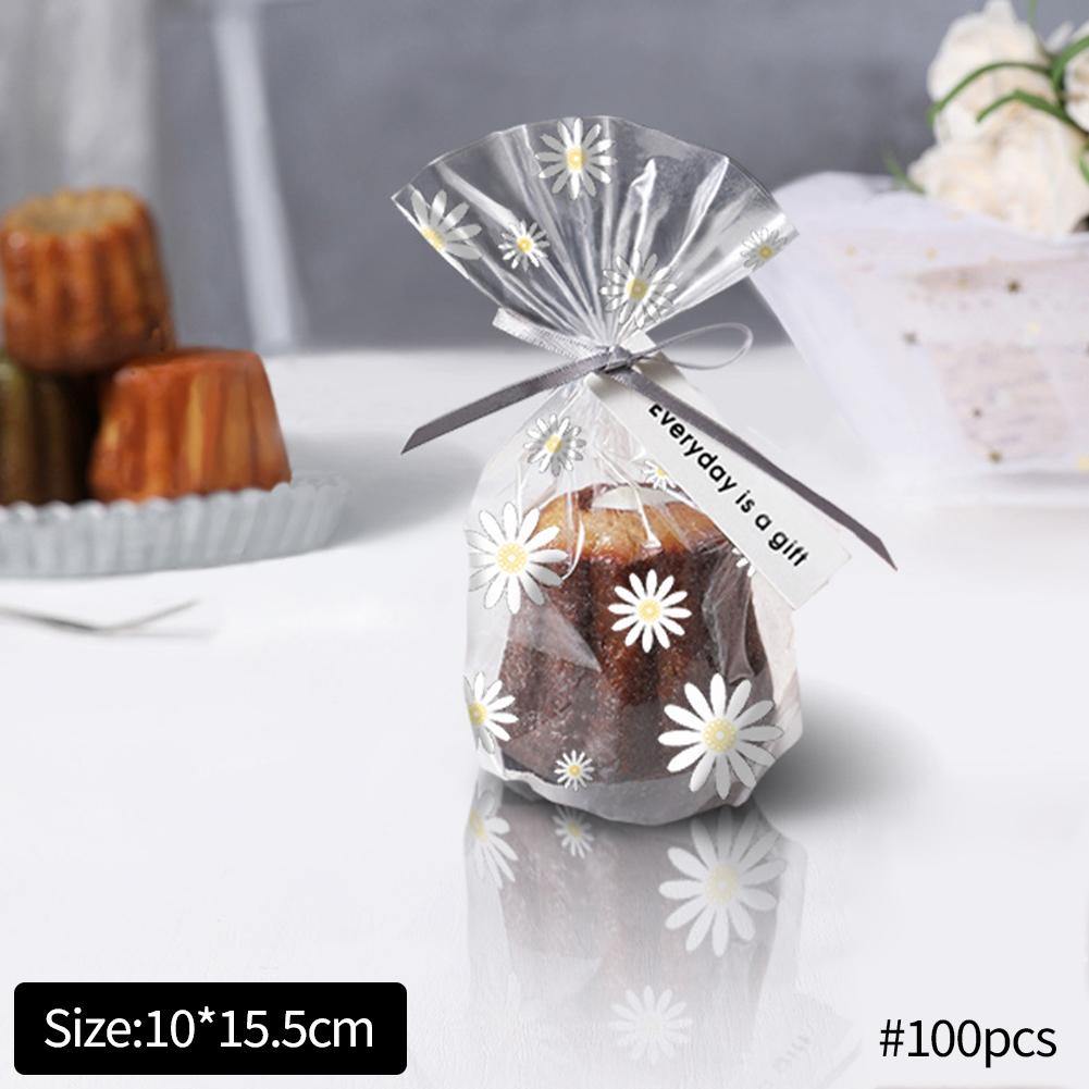 100 Stück Gänseblümchen-transparente Verpackungsbeutel für Brot, Kekse, Snacks, Aufbewahrungsbeutel, Weihnachten, Apfel, Schokolade, Süßigkeiten, Party-Geschenkbeutel 10cmx15cm transparent