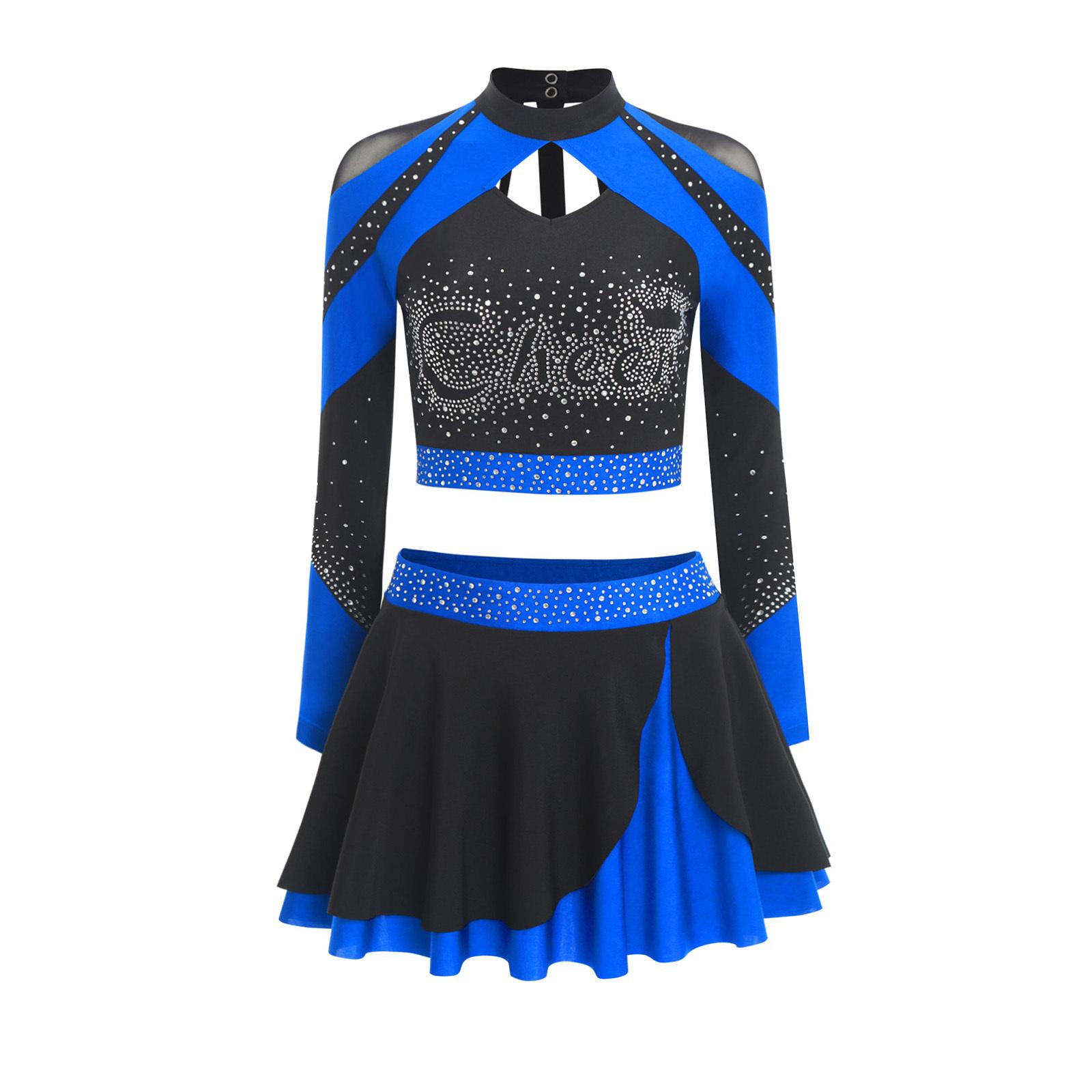 Damen Cheerleading Outfit Zweiteilig Langarm Ausgeschnittenes Crop Top Skaterrock Glitzer Strass Bekleidung L königsblau