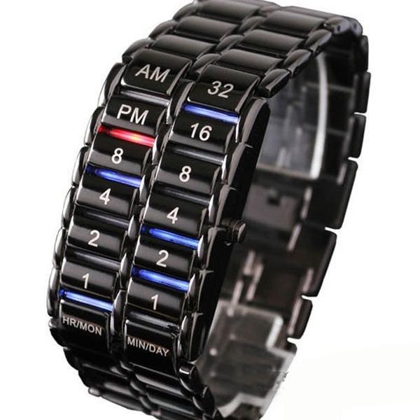 Modische Digitaluhr, coole vulkanische Lava-Stil, Eisen, gesichtslose Binär-LED-Armbanduhren schwarz