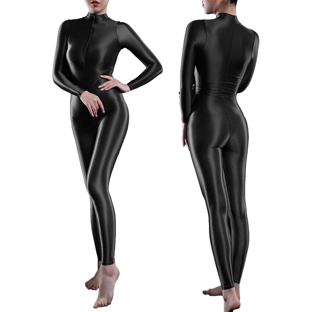 Einteiliger, glänzender, langärmliger, glatter Leotard-Bodysuit mit Doppelreißverschluss für Damen und Catsuit One Size schwarz