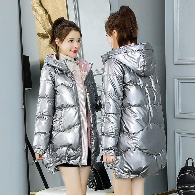 2022 neue Winter Jacke Parkas Frauen Glänzend Unten Baumwolle Jacke Mit Kapuze Parka Warme Weibliche Baumwolle Gefütterte Jacke Casual Outwear P985 M silber