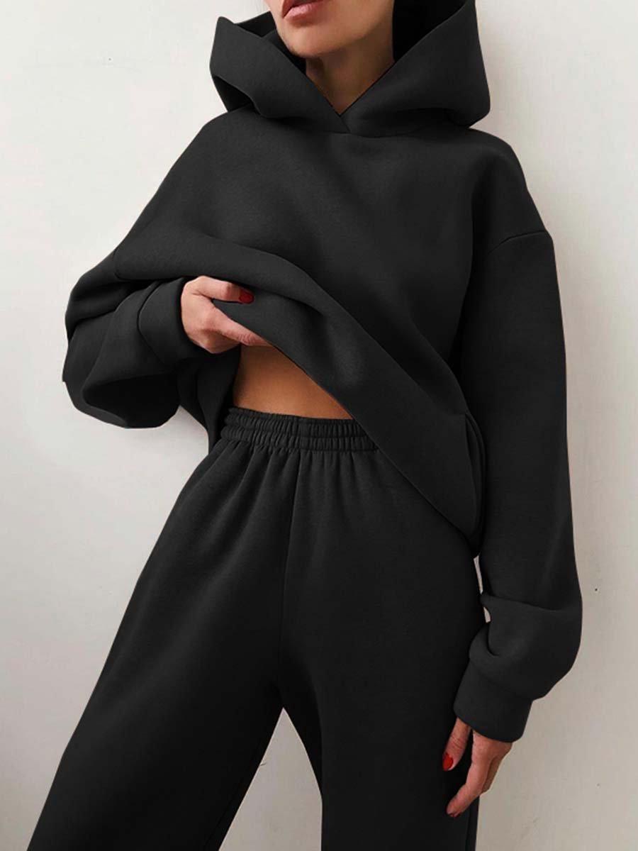 Damen Elegante Feste Sets Für Damen Warme Hoodie Sweatshirts Und Lange Hose Mode Zweiteilige Sets Damen Sweatshirt Anzüge L schwarz