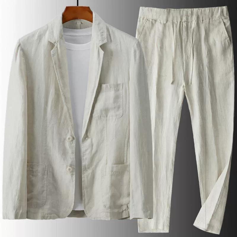 Herrenjacken und -hosen Herren Leinen 2-teiliger Anzug Frühling und Sommer Dünner Mode Freizeitanzug Anzug Herren Frühling und Sommer Dünner Teil L apricot
