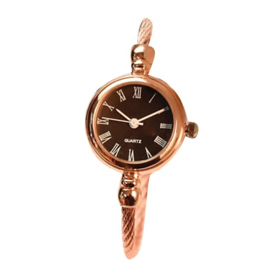 Damen-Armbanduhr im Retro-Stil, Edelstahlarmband, rundes Zifferblatt, Quarz-Armbanduhr rose gold/schwarz