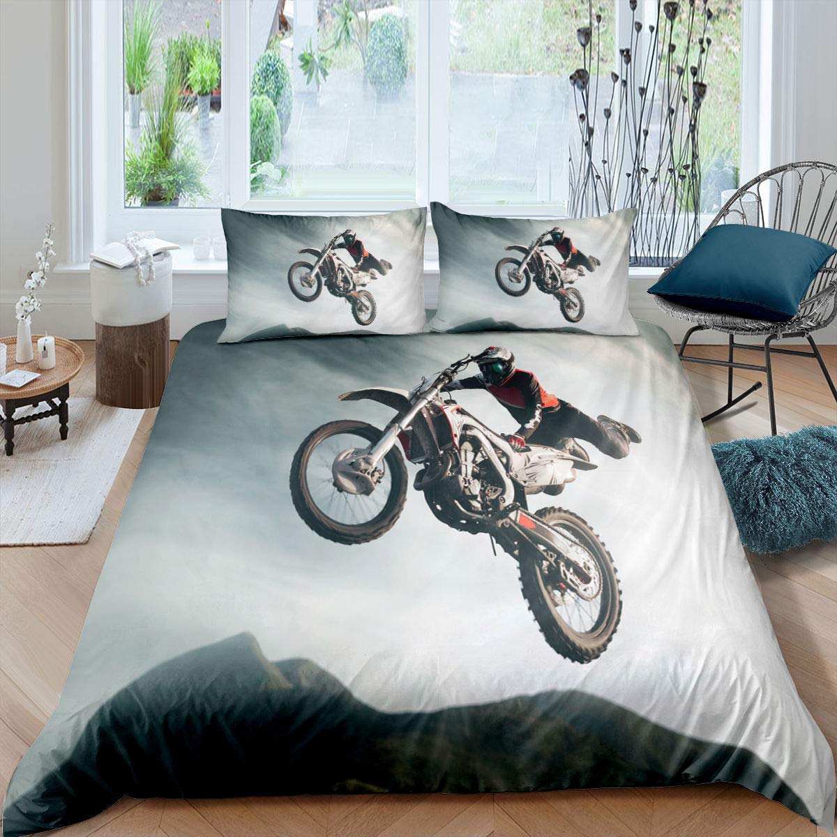 Dirtbike Bettbezug Einzelbett Motocross Fahrer Bettdeckenbezug Extremsport Bettwäscheset Cooles Motorrad Bettwäscheset für Jungen Erwachsene EU single(135x200cm)