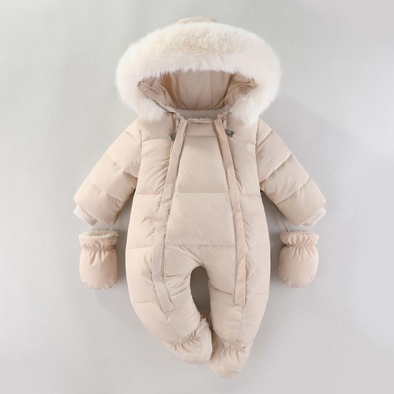 Winter Neugeborenes Baby Mädchen Kleidung Verdicken Baby Strampler mit Handschuhen Warmer Baby Jumpsuit Kapuze Plus Samt Kinderbekleidung 66cm beige