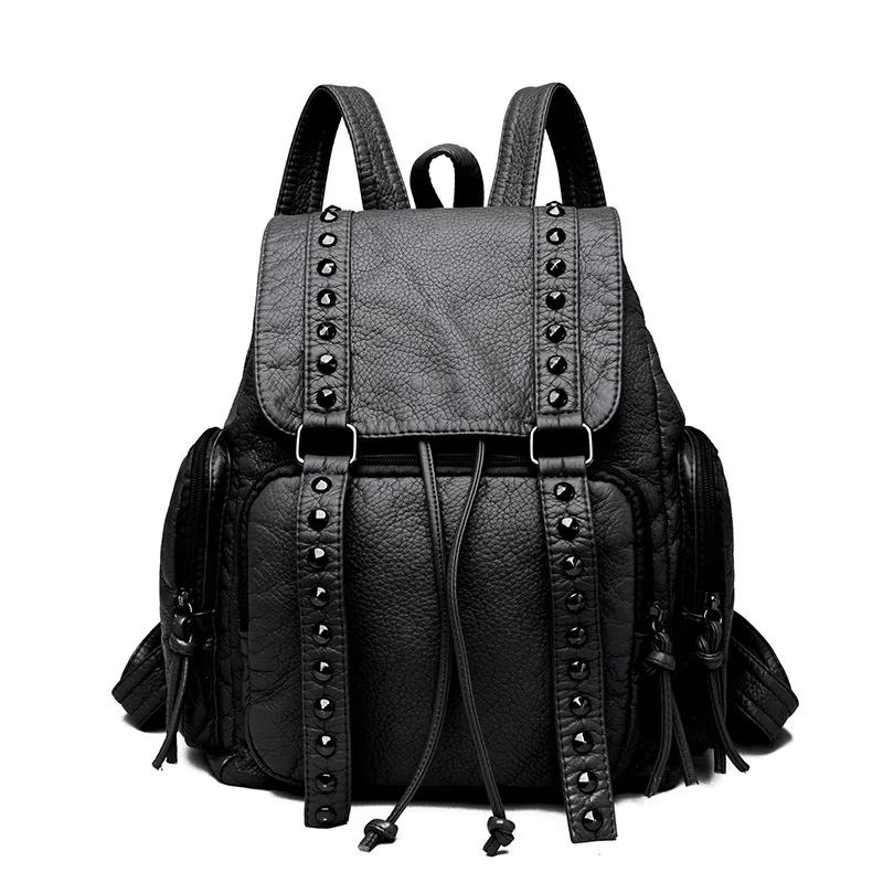 Modische Niet Rucksäcke für Damen Umhängetaschen Weiches Leder Tagesrucksack Reisetasche Große Kapazität Schultasche Damen Rucksack 26 × 10 × 33 cm schwarz