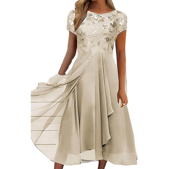 Rundhalsausschnitt Kurzarm Tailleneng Anliegend Hochtailliert Abendkleid Elegante Stickerei Spitze Blumenmuster Chiffon Drapierter Saum A-Linie Midi-Kleid Streetwear 2XL goldgelb