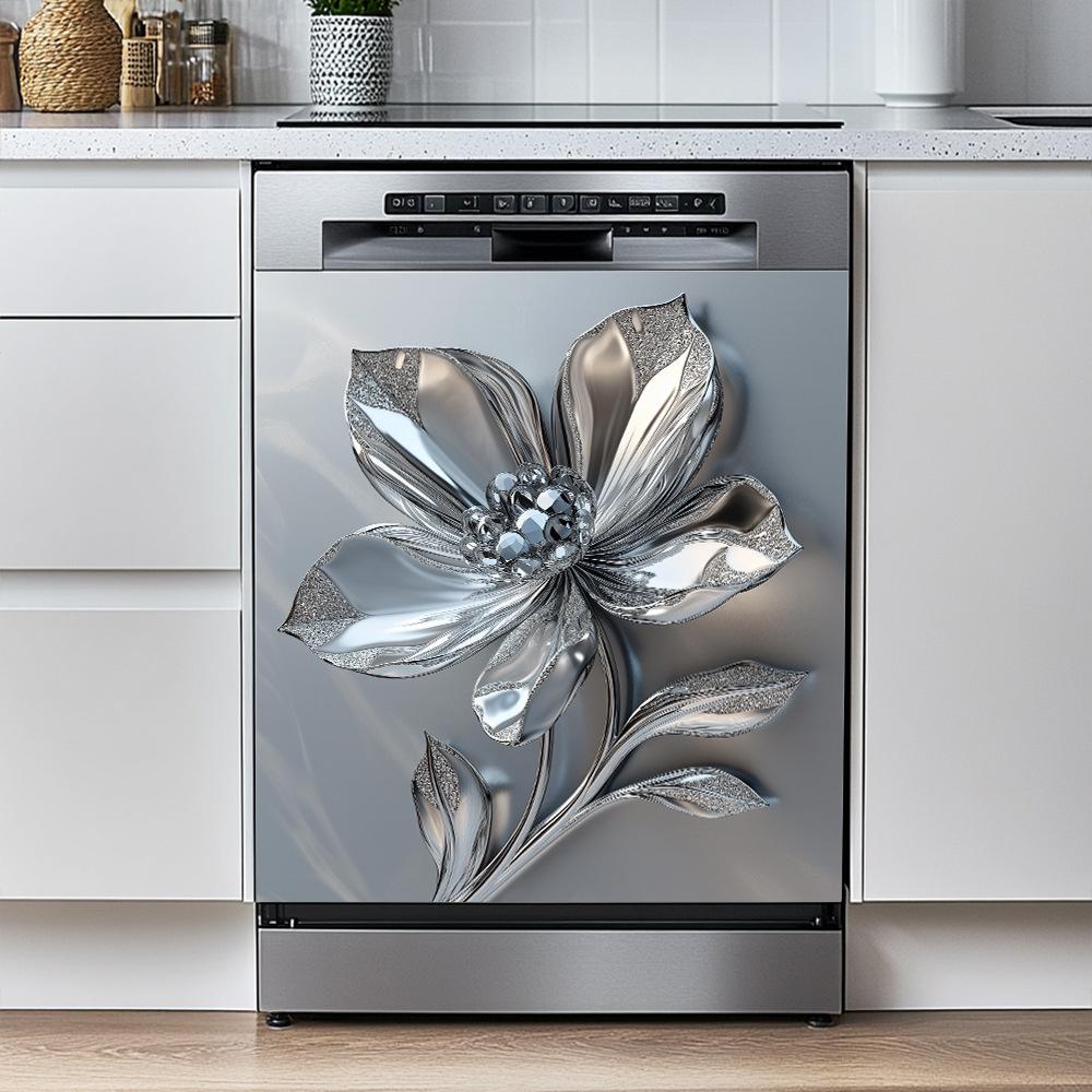 Elegante Metall-Blumenaufkleber zur Renovierung von Küchengeräten Selbstklebende Kühlschrank-Geschirrspüler-Wandaufkleber 35*59cm*2 silber