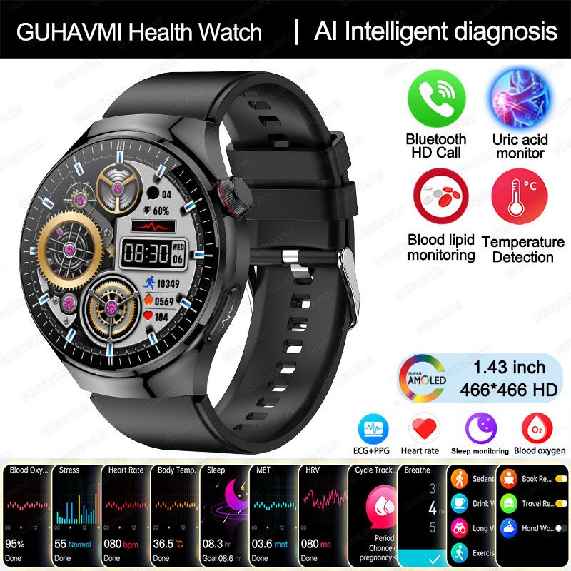 2025 Neue Smartwatch in Krankenpflegequalität Blutsauerstoff Blutfett Harnsäure EKG+PPG Körpertemperatur Bluetooth-Anruf Gesundheits-Smartwatch black-silicone