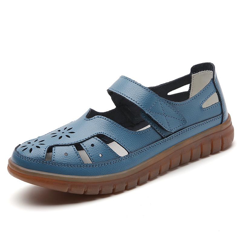 Damen Leder Hohl Sandalen Atmungsaktive Sommerschuhe Bequeme Krankenschuhe Weiße Sandalen Mama Sandalen Große Größe 35 blau