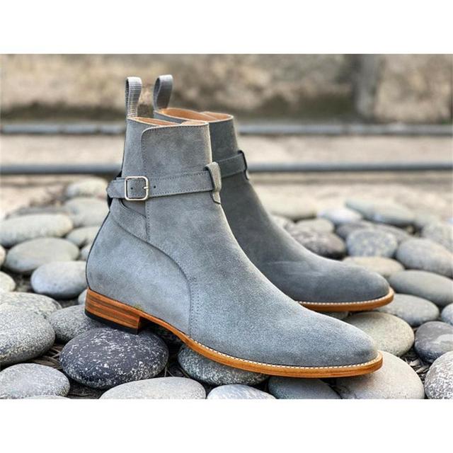 Neue Herrenmode Business Casual Kleid Schuhe handgefertigt grau Faux Wildleder verstellbare Schnalle runde Zehe niedrige Ferse Stiefeletten Ks371 47 graue