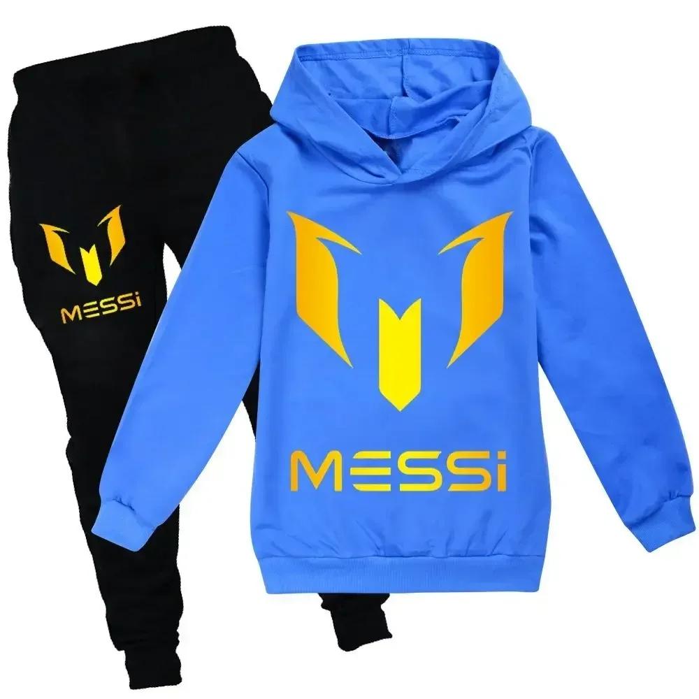 Herbst Winter Fußball Superstar Messi Aufdruck Kinder Kapuzenpullover 2er Set + Hosenanzug Jungen Mädchen Freizeit Mode Kinder Sweatshirts 120 blue