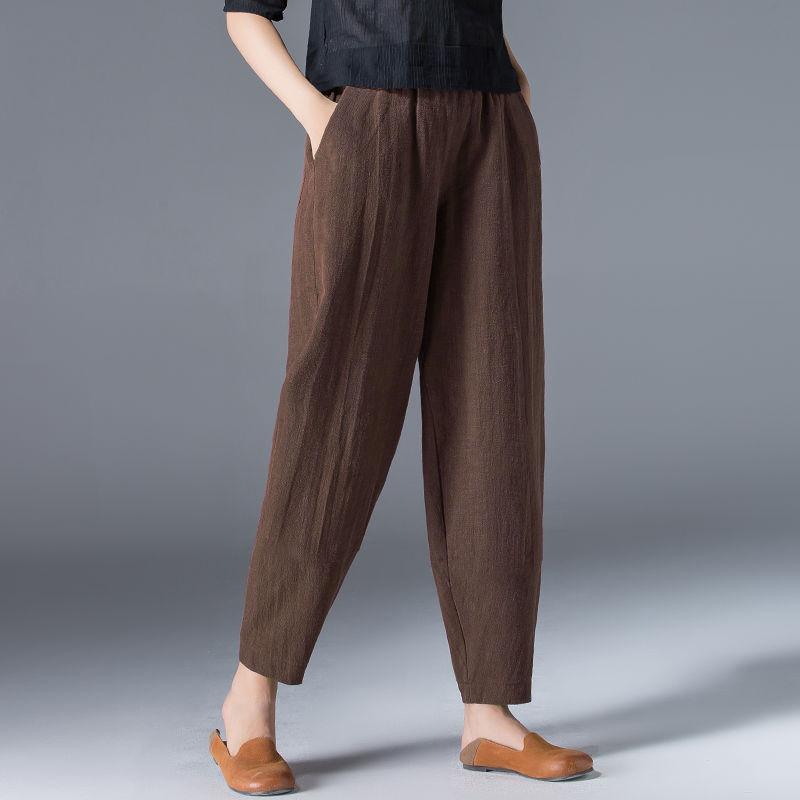 Bestellen Sie zwei Nummern größer, Damen Sommer lässige lose Haremshose elastische Taille Baumwolle Leinen dünne Hose neunte Hose XXXXXL braun