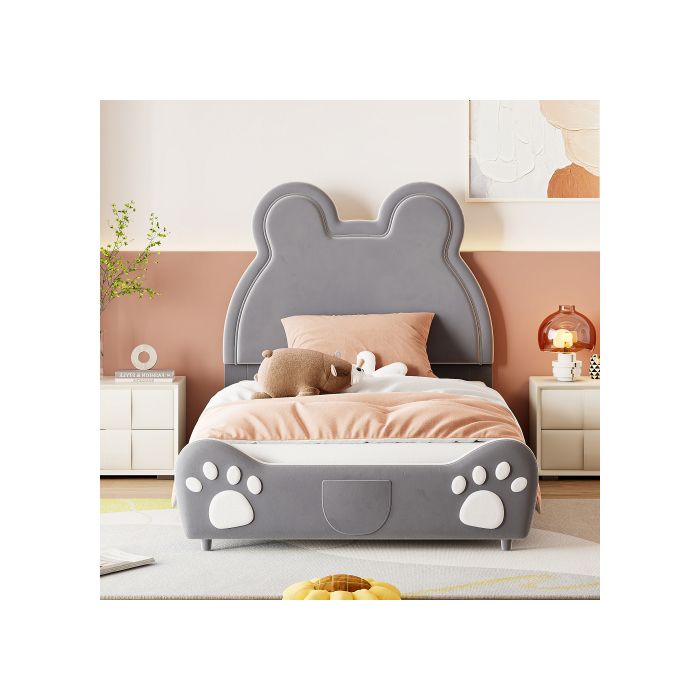 Gepolstertes Bett Schönes Kinderbett, 90 x 200 cm, Bärenform. Einfaches Bett aus hautfreundlichem, weichem Samt, grau