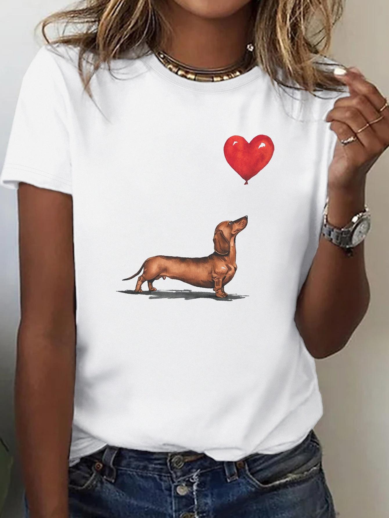 Dackel und Herz-Ballon-Print Bequemes Damen-T-Shirt Niedliche T-Shirts Feminine Freizeitkleidung y2k Oberteil Damenkleidung XL