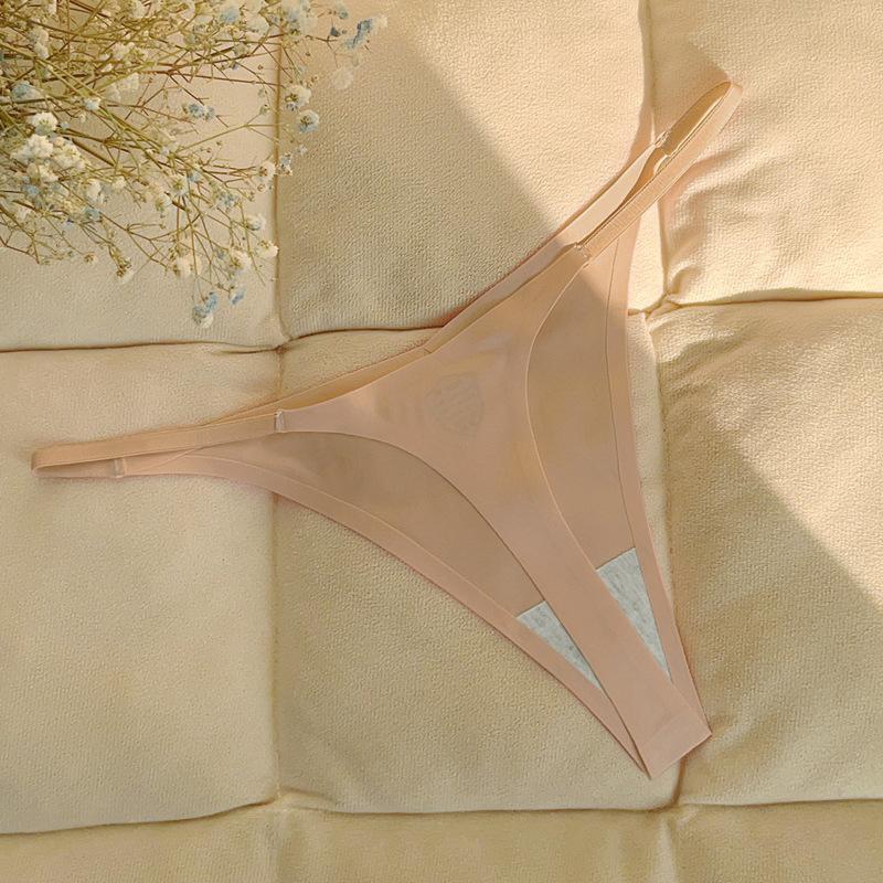 Eisseide Damen Nahtloser String Winziger Tanga Höschen Leichter Bikini Slip Fitness Sprots Tangas Badeknöpfe V-Strings T-Rücken Unterwäsche für Damen L beige