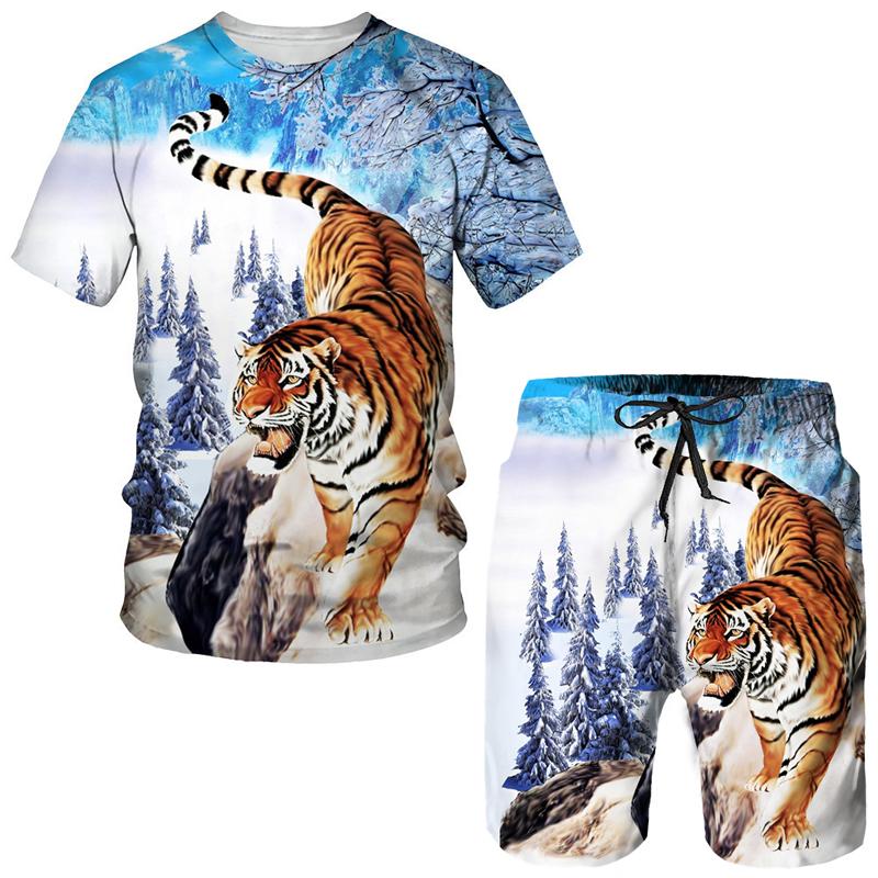 Sommer Tiger 3D-gedruckte Herren-T-Shirts, Shorts, Anzug, Jogging-Trainingsanzug, cooles Tiermuster, Paar-Outfits, zweiteiliges Sportbekleidungsset S