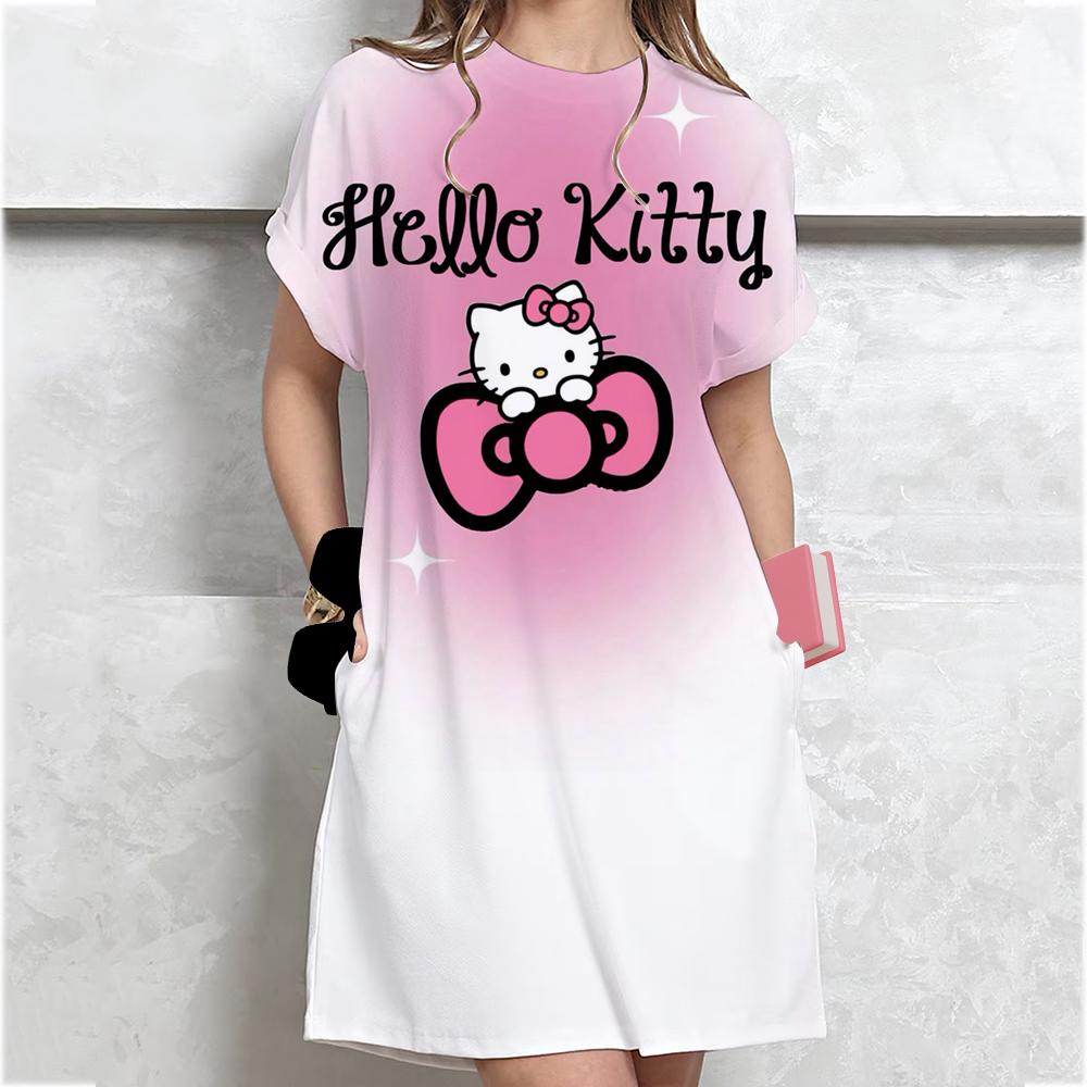 Damen Casual Kurzarm T-Shirt Kleid Vintage Hello Kitty Aufdruck Lockeres Minikleid Elegantes Einfaches Minikleid Streetwear Sommerkleid M pink