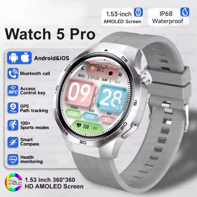 2025 Neue Watch GT5 Max Smartwatch HD AMOLED Bildschirm NFC GPS Tracker Bluetooth Anruf Gesundheit Wasserdicht Smartwatch Männer Frauen Für Huawei Silver Silicone
