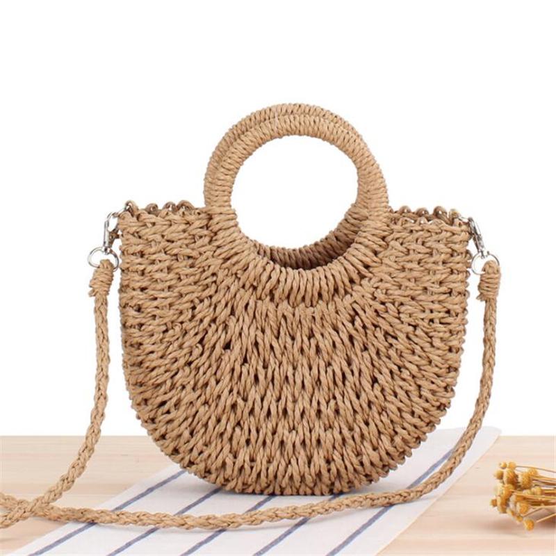 Halbrunde Rattan Geflochtene Stroh Strandtasche Sommer Damen Umhängetaschen KTB 24*8*20cm khaki
