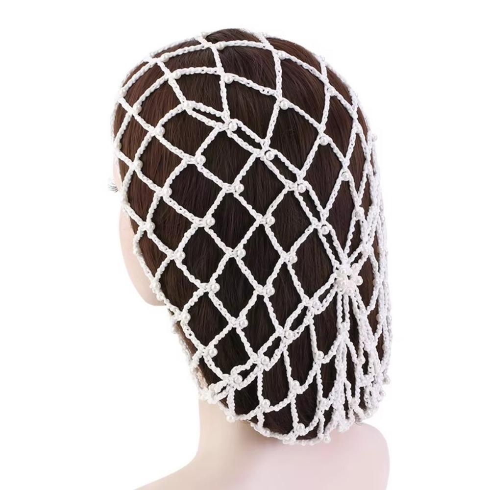 Einfarbiger Netz-Snood Haarnetz Perlen Perlen Übergroße Strickmütze Haaraccessoires weiß