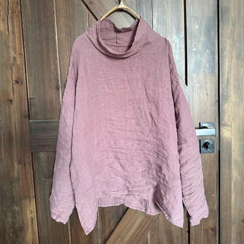 Johnature Damen Frühling Vintage T-Shirts Einfarbig Lässige T-Shirts Langarm Lose Halbhoher Kragen Damen T-Shirts M licht lila