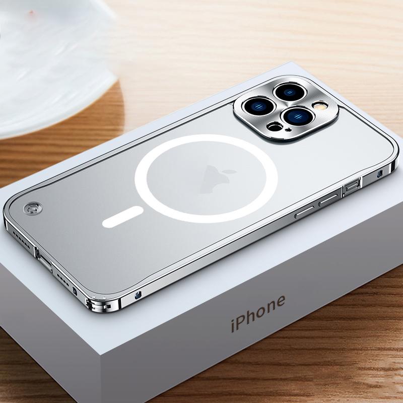 Magnetische Telefonhülle mit Metallrahmen für iPhone 11 12 13 14 15 16 Pro Max Aluminiumlegierung Vollobjektivschutzabdeckung für iPhone 16 Überzogene Metallrückseite For iPhone 12 mini silber