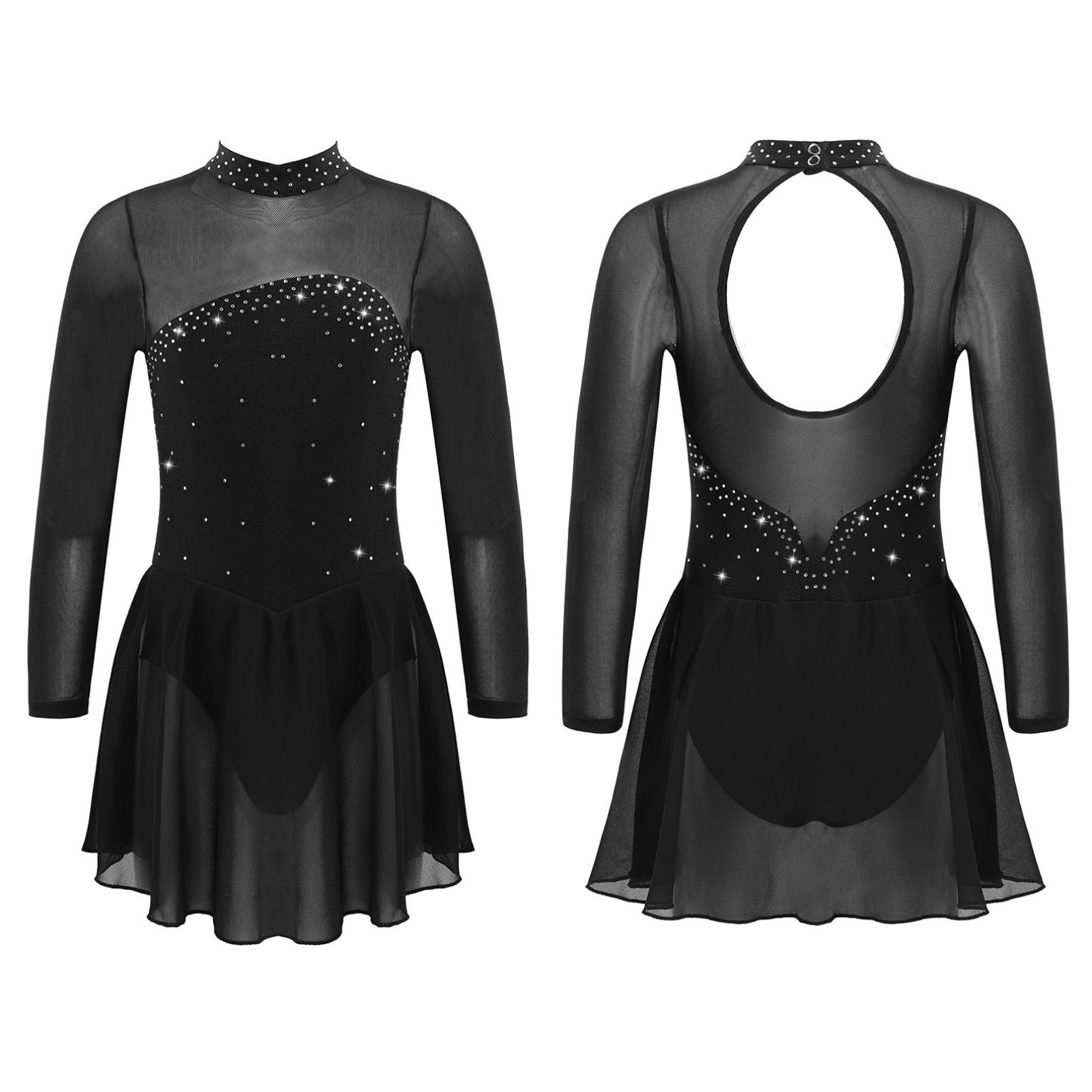 Kinder Mädchen Eiskunstlauf Tanzkleid Langarm Glänzende Strass Mesh Ballett Gymnastik Trikot Kleider Wettbewerb Dancewear 11-12 Years schwarz