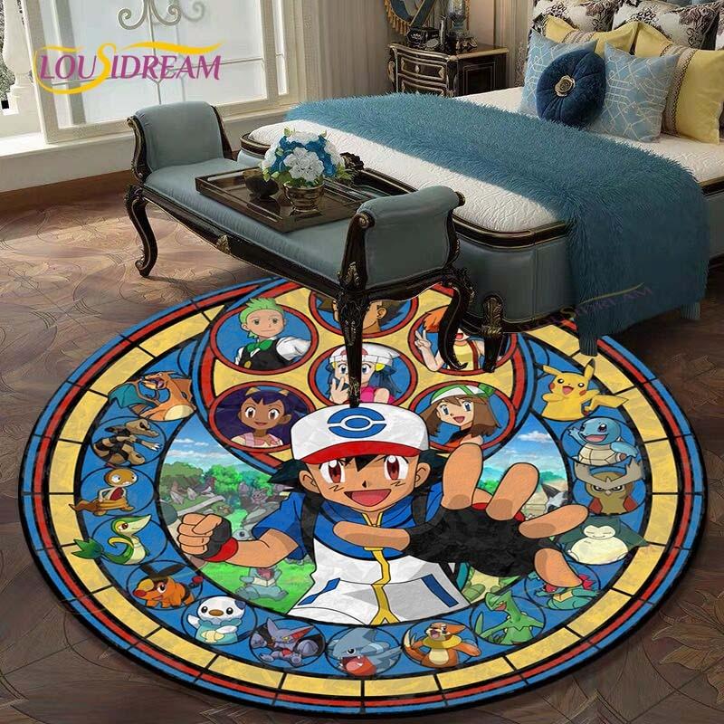 Runder Teppich für Wohnzimmer Teppiche Schlafzimmer Kinder PIkachu Teppich Badezimmermatte Cartoon Pokemon Druck Bodenmatte Kinderzimmer Teppich 100cm