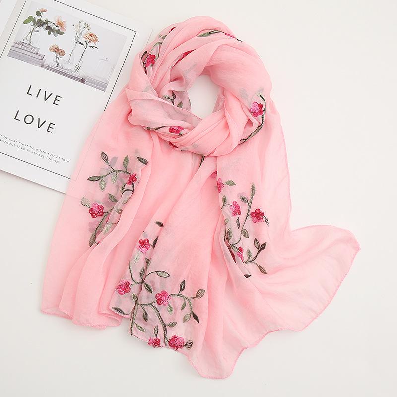 Chinesischer Stil bestickter Pfirsichblüten-Chiffon-Reise-Sonnenschutzschal, muslimischer Hijab-Schal rosa