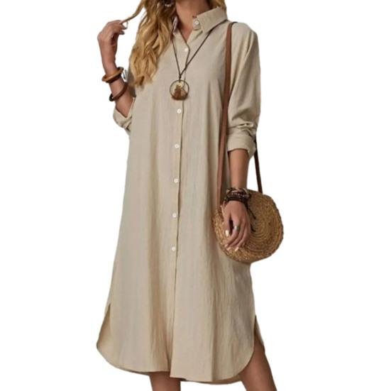 Langes Hemdkleid für Damen, Reverskragen, lange Ärmel, Knopfleiste, solides Kleid, elegante Damen, lässig, lockeres Baumwoll-Leinen-Kleid, Sommer-Kleidung für Damen 3XL apricot