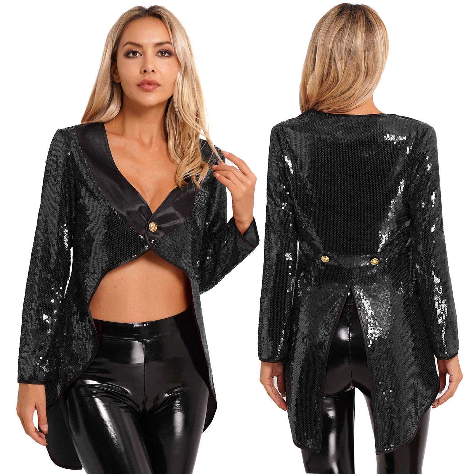 Damen-Smoking-Oberbekleidung, Zirkus-Zirkusdirektor, Halloween-Kostüme, Frack, Jacke, glitzerndes Pailletten-Zaubererkleid mit einem Knopf M schwarz