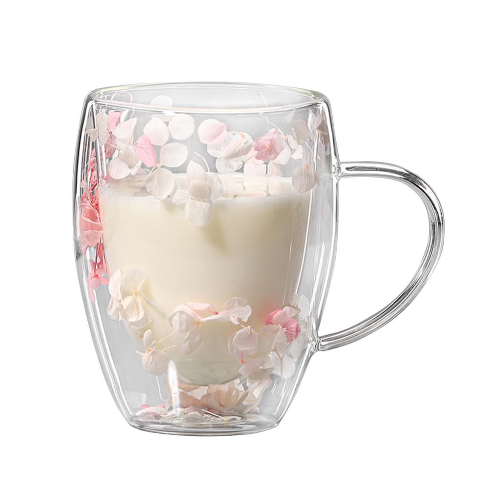 Doppelschichtige Kaffeetasse mit getrockneten Blumen, doppelwandige Kaffeetassen aus Glas, Glastasse mit getrockneten Blumen, Teetasse, Milchtasse, Becher, Trinkglas 350ml
