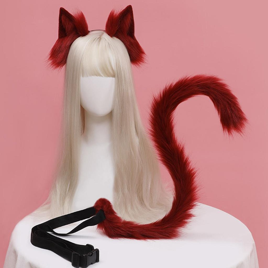 Katzenohren und Schwanz Set Plüsch Pelzige Tierohren Haarreif Anime Cosplay Requisiten Halloween Karneval Party Kostüm Zubehör Keine Perücke rot