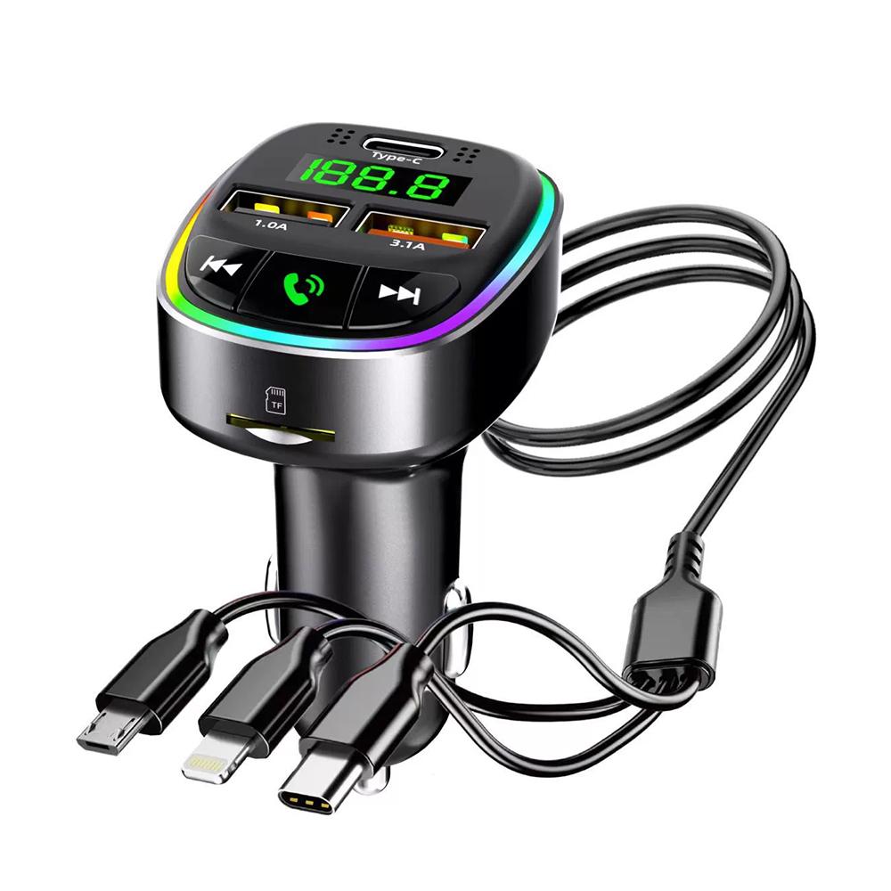 Bluetooth 5.0 FM-Sender Autoladegerät 66W 3 Anschlüsse Schnellladung Auto-MP3-Player Freisprechanlage RGB-Licht TF-Speicherkarte U-Disk Autospannungsdetektor HM138A with cables
